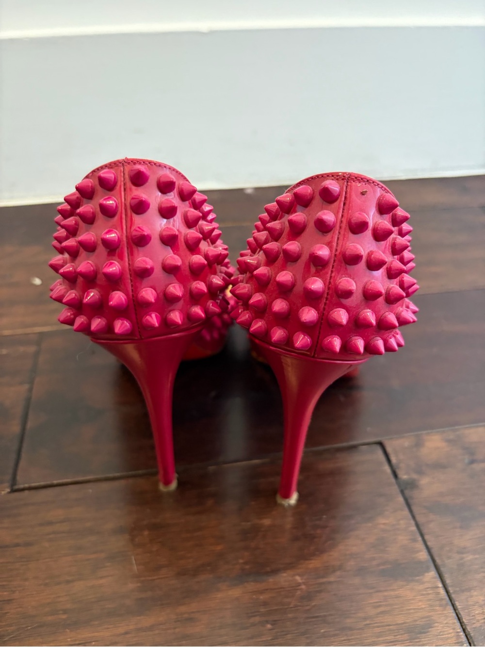 Christian Louboutin Hot Pink Spiked Peep-Toe Pumps - Picture 2 of 5